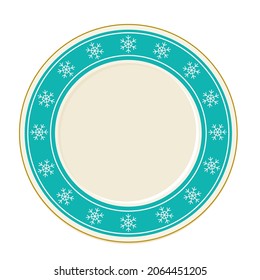 Empty blue with snowflakes vector plate in cartoon style top view. Tableware design elements
