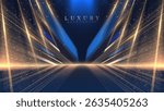 Empty blue stage scene with golden neon light lines. Luxury background design concept. Perfect for awards ceremony, celebrations and grand openings. Vector illustration.