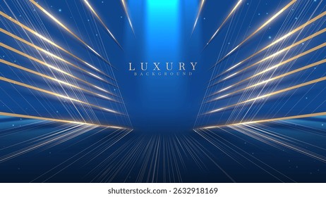 Empty blue stage scene with golden neon light lines. Luxury background design concept. Perfect for awards ceremony, celebrations and grand openings. Vector illustration.