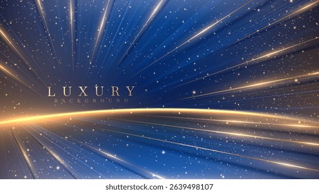 Empty blue stage scene with golden neon lights and bokeh effect, luxury background design concept suitable for award ceremony backdrop design element or product promotion.