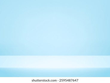 Empty blue studio background. Empty Room Studio with table. Space for selling products, backdrop, wallpaper, background, text. Empty room with light effect. Gradient table. Vector illustration.