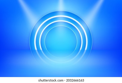 Empty blue studio and a recess illuminated by lanterns neon lights. Free space for product presentation. Blue background abstract. 3D Vector illustration.