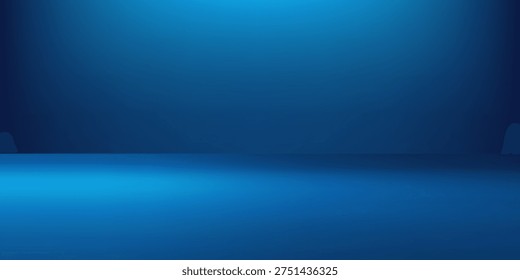 Empty blue studio room background with bright top and floor spotlights, ideal for modern product displays, virtual stages, tech presentations, and elegant backdrops