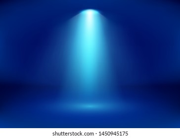Empty Blue Studio and Spotlight. Bright shiny rays. Vector illustration