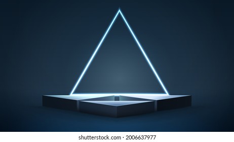 Empty blue triangular podiums with neon triangular frame on dark background