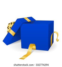 Empty Blue Vector Gift Box Icon with Golden Package Ribbon Isolated on White Background - For Christmas Season; Easter Season; Valentines Day and Birthday Greeting Cards - Present with Open Lid