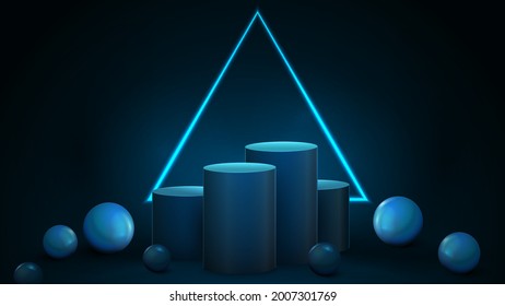 Empty blue winners cylindrical pedestals with large neon triangular frame on dark background and decorative spheres