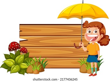 Empty board with cartoon girl holding umbrella illustration