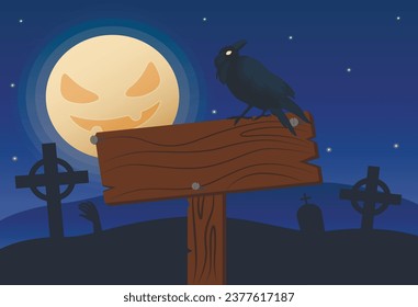 Empty board and crow in scary cemetery. Halloween celebration