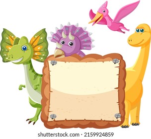 Empty board with cute dinosaurs cartoon characters illustration