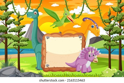 Empty board with cute dinosaurs cartoon characters illustration