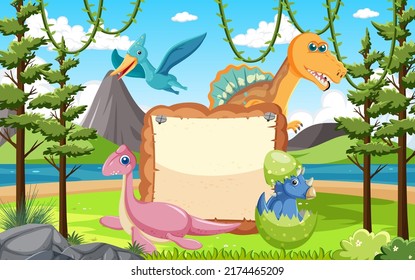 Empty board with cute dinosaurs cartoon characters illustration