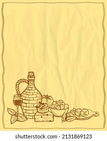 Leere Tafel mit Rahmen und mediterranen traditionellen Zutaten - Oliven, Flasche Wein, Gemüse, Käse und Kräuter. handgezeichnete grafische Vektorgrafik