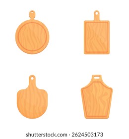 Empty board icons set cartoon vector. Wooden cutting board of different shape. Kitchen utensils