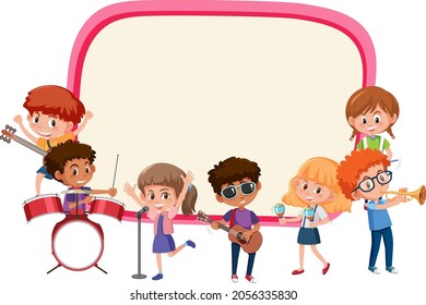 Empty board with kids playing different musical instruments illustration