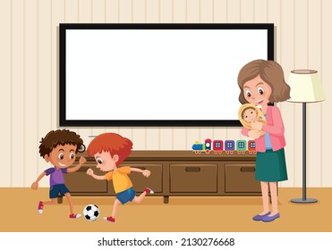 Empty board in the room scene with family members illustration