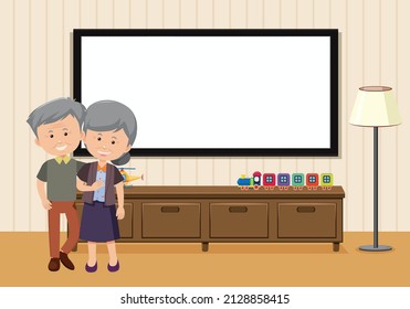 Empty board in the room scene with an old couple illustration