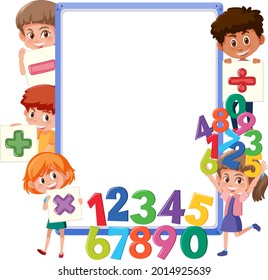 Empty board with school kids and math objects illustration