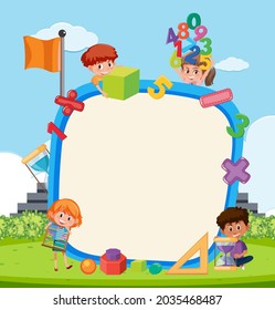 Empty board with school kids and math objects illustration