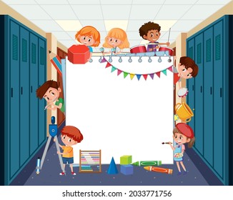 Empty board with student kids doing different activities illustration