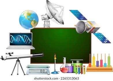 Empty board template decorated with science objects illustration