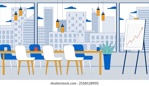 Empty boardroom corporate chart board flat illustration. Business room with financial growth whiteboard desk 2D interior cartoon background. Meeting space. Company furniture scene vector image