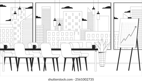 Empty boardroom corporate chart board black and white line illustration. Business room with financial growth whiteboard desk 2D interior monochrome backdrop. Meeting space. Company outline vector