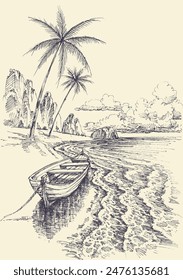 Empty boat anchored on sea shore hand drawing