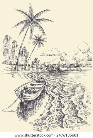 Empty boat anchored on sea shore hand drawing