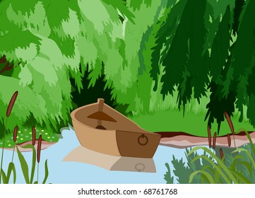 Empty boat floating on the wood river framed with branches of trees