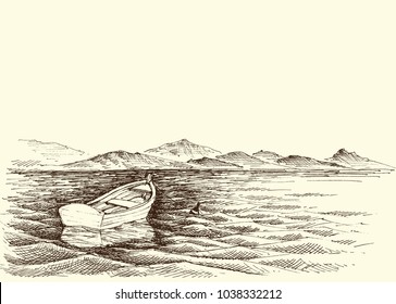 Empty boat on calm sea water, mountains panorama in the background. relaxation concept