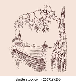 Empty boat on a lake anchored on shore tied to a willow tree