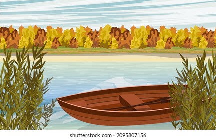 Empty boat on the lake in autumn. Realistic vector landscape