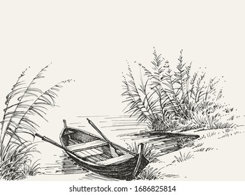 Empty boat on shore on the lake, relaxation in nature sketch