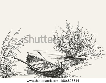 Empty boat on shore on the lake, relaxation in nature sketch