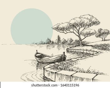 Empty boat on shore in the park, relaxation in nature sketch