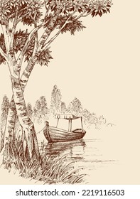 Empty boat tied on shore on the lake, relaxation in nature sketch