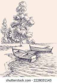 Empty boats on shore in the park lake, hand drawing landscape