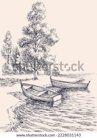 Empty boats on shore in the park lake, hand drawing landscape