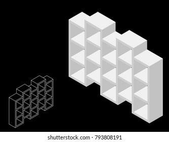 Empty bookcase. Isolated on black background. 3d Vector illustration. Isometric projection.