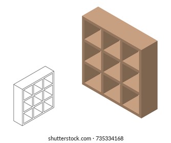 Empty bookcase. Isolated on white background. 3d Vector illustration. Isometric projection.