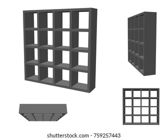 Empty bookcase. Isolated on white background. 3d Vector illustration. Different viewes.