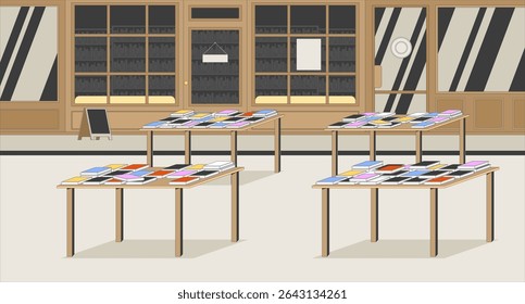 Empty bookstore interior with display tables flat illustration background. Publishing, library. Retail bookshop exterior, bookcrossing books 2D cartoon backdrop. Colorful scene vector art image