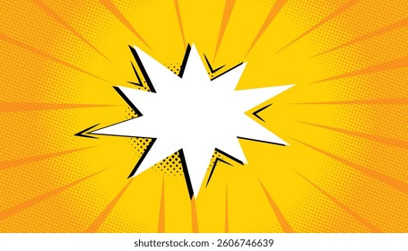 Empty boom comic speech bubble. yellow comic sunburst effect with halftone. empty box pop art comic background