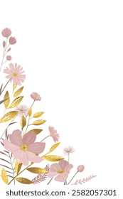 Empty botanical frame with golden leaves and pink flowers. Gentle floral template for greeting card, invitation. 