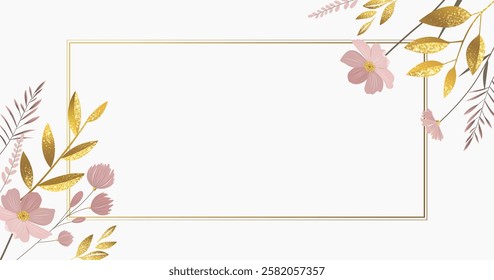 Empty botanical frame with golden leaves and pink flowers. Delicate design, template for voucher, coupon. Promo or flyer offer