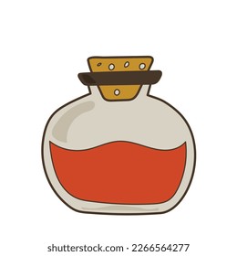 empty bottle is closed with a wooden cap. flask for potion isolated on white background. doodle. clipart. vector illustration