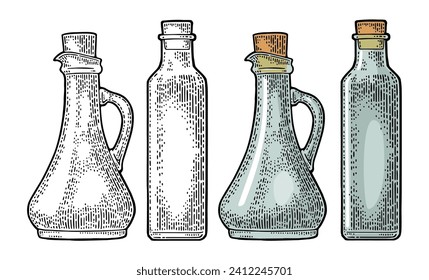 Empty bottle glass for sauce or oil with cork stopper. Vector color vintage engraving illustration. Isolated on white background