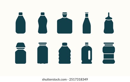 Botella vacía y tarro con varios estilos de color plano ilustración conjunto de iconos