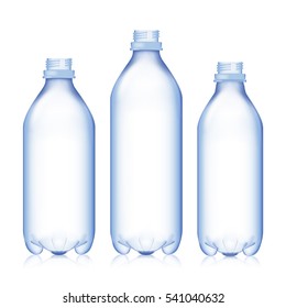 Empty Bottle. Set Realistic Blank Plastic Blue Water Bottle. Mock Up For Your Design. Vector Template Background